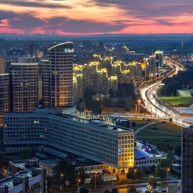 night view of house rows in Minsk