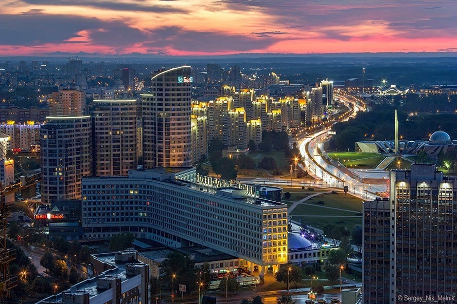 night view of house rows in Minsk