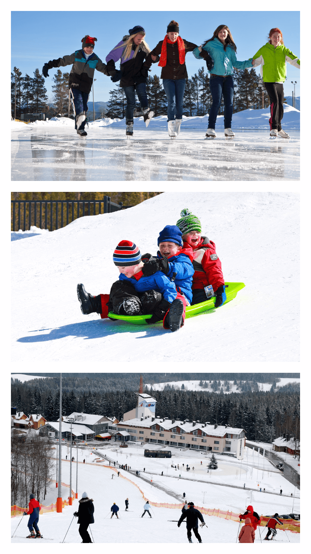 ice skating, sledding and skiing