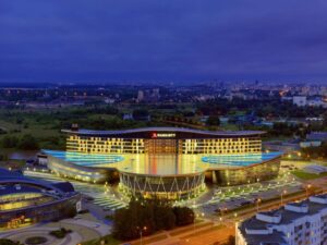 Minsk Marriott hotel outside in the evening