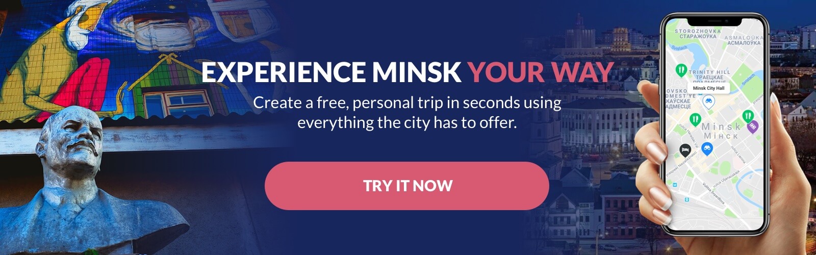 Cruncho Minsk trip planner large banner with app