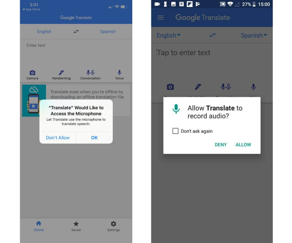 Google Translate app requiring microphone access