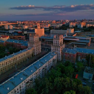 Minsk train station sunset view from above