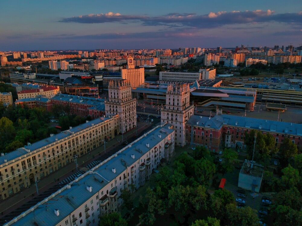 Minsk train station sunset view from above